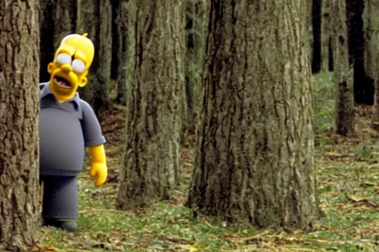 Prompt: A still of Homer Simpson in The Blair Witch Project,