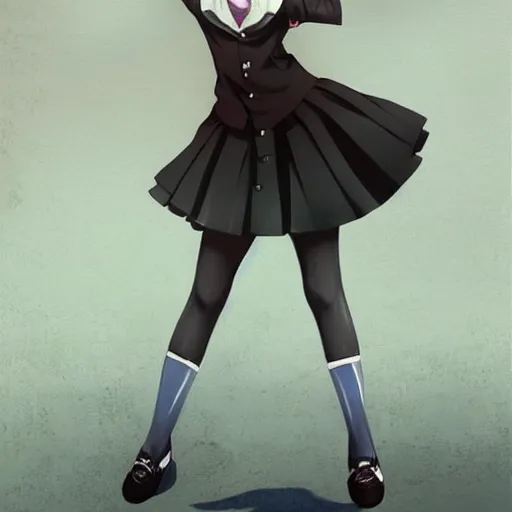 Image similar to luxury advertisement, astonishing portrait of a very beautiful anime schoolgirl with black bob hair, full perfect face, she is dancing. Realistic, highly detailed background, artstation, 120 degree view, drawn by Sasoura, Satchely and Akihiko Yoshida, no distortion