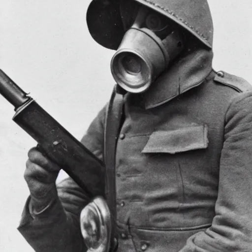 Image similar to A photo of a man in a ww1 gas mask holding a shotgun in a blizzard