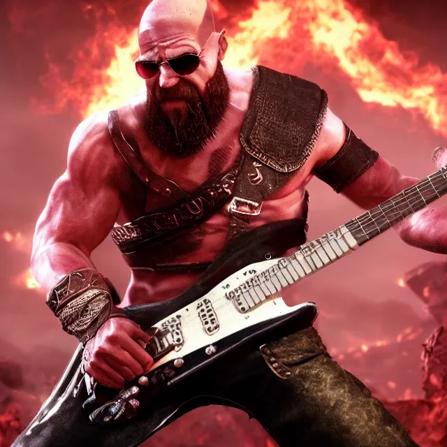 Prompt: sunglasses wearing kratos rocking out on a stratocaster guitar, cinematic render, god of war 2 0 1 8, playstation studios official media, sunglasses, lightning, flames, red stripe tattoo