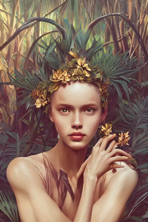 Image similar to stunningly beautiful, prima ballerina in jungle, symmetrical face, golden hour, smooth, focus, highly detailed, hyper realistic, dramatic lighting, elegant, intricate, concept art, art by wlop, mars ravelo, greg rutowski