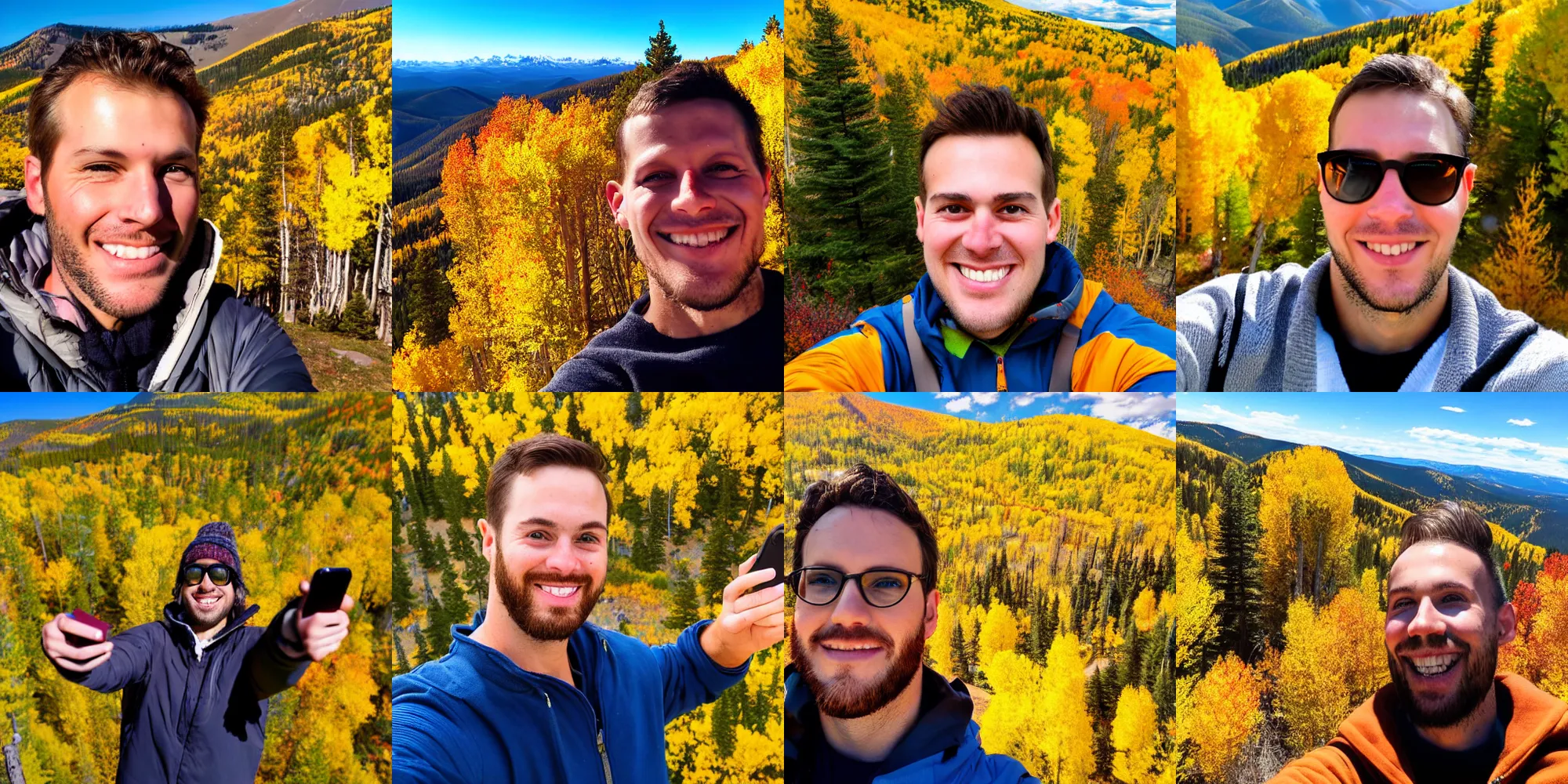Prompt: a selfie of handsome boyfriend taken on top of a mountain in Colorado, Aspen trees with Fall Colors in the background