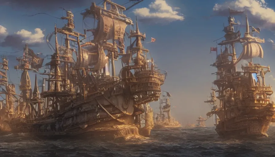 Prompt: A highly detailed matte painting of huge pirate ship castle by Studio Ghibli, Makoto Shinkai, by Artgerm, by beeple, by Greg Rutkowski, volumetric lighting, octane render, 4K resolution, trending on artstation, masterpiece