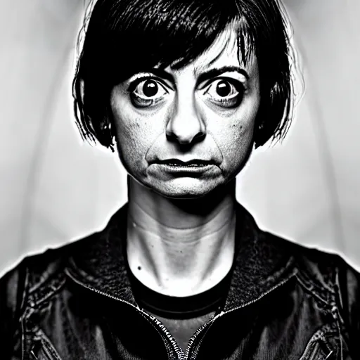 Image similar to symmetrical, portrait of cyberpunk kate micucci, scowling, studio lighting, depth of field, photography, black and white, highly detailed