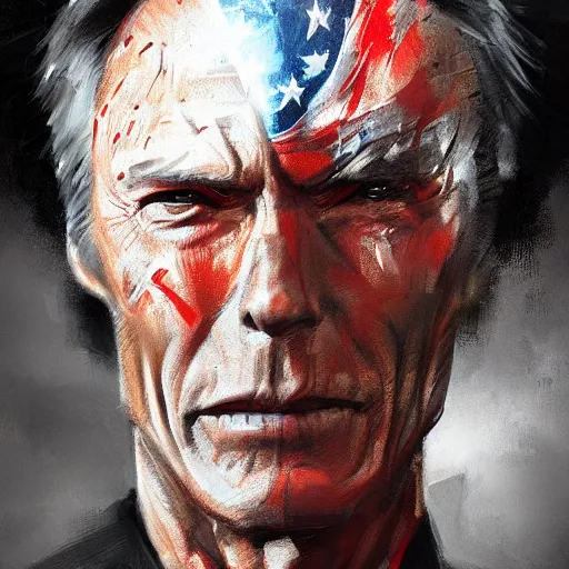 Image similar to portrait of superhero by greg rutkowski, clint eastwood wearing a black, red and blue kevlar gear, highly detailed portrait, digital painting, artstation, concept art, smooth, sharp foccus ilustration, artstation hq