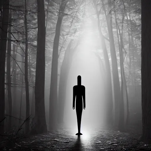 Prompt: black and white tall skinny humanoid creature in a dark forest at night, extremly detailed, 8 k, sharp focus