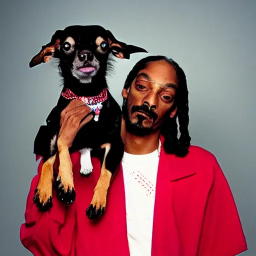 Image similar to Snoop Dogg holding a chihuahua for a 1990s sitcom tv show, Studio Photograph, portrait, C 12.0