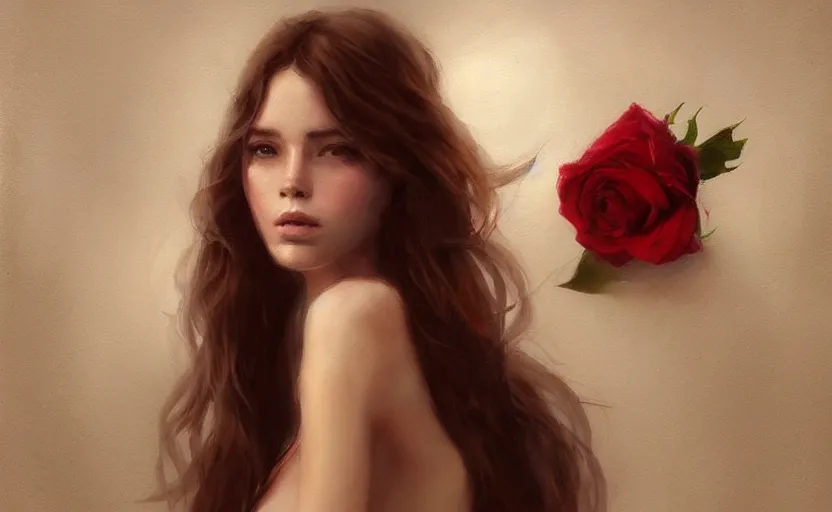 Image similar to a painting of virtualrose trending on artstation in the style of greg rutkowski, beautiful, young female, sensual, natural skin, brown hair, red rose in hair, natural sensuality