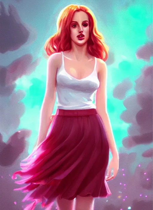 Image similar to full body portrait of teenage cheryl blossom, bangs, green eyes, sultry expression, red hair, sultry smirk, bangs and wavy hair, pink skirt, intricate, elegant, glowing lights, highly detailed, digital painting, artstation, concept art, smooth, sharp focus, illustration, art by wlop, mars ravelo and greg rutkowski