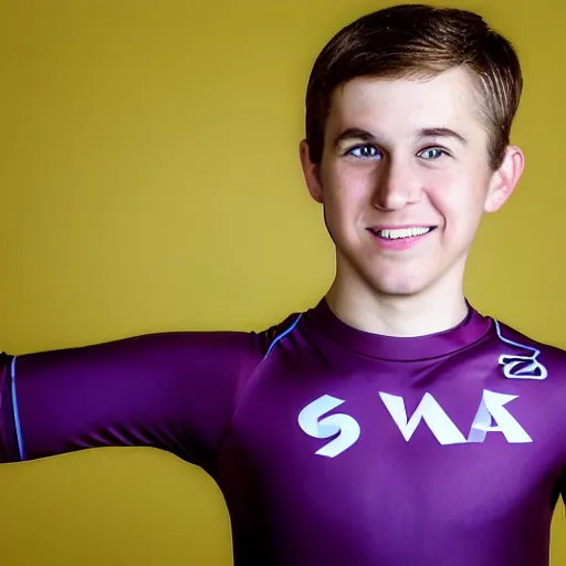 Image similar to photographic portrait by Annie Leibovitz of a young white male smiling with short brown hair that sticks up in the front, dark eyes, groomed eyebrows, tapered hairline, sharp jawline, wearing a purple white volleyball jersey, sigma 85mm f/1.4, 15mm, 35mm, 4k, high resolution, 4k, 8k, hd, full color