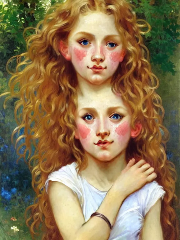 Image similar to a seven - year old with long curly dirty blonde hair, blue eyes, tan skin, a tee shirt and shorts, playing with foxes, painting by daniel gerhartz, alphonse mucha, bouguereau, detailed art, accurate facial details, freckled face, artstation