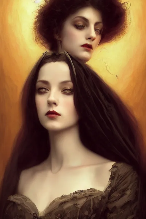 Image similar to a portrait of elegant beautiful dark bohemian vampire woman, bored, illustration, dramatic lighting, soft details, painting oil on canvas, art nouveau, octane render, HDR, 4k, 8k, HD, by Edmund Blair Leighton, Brom, Charlie Bowater, trending on artstation, faces by Tom Bagshaw, Sargent