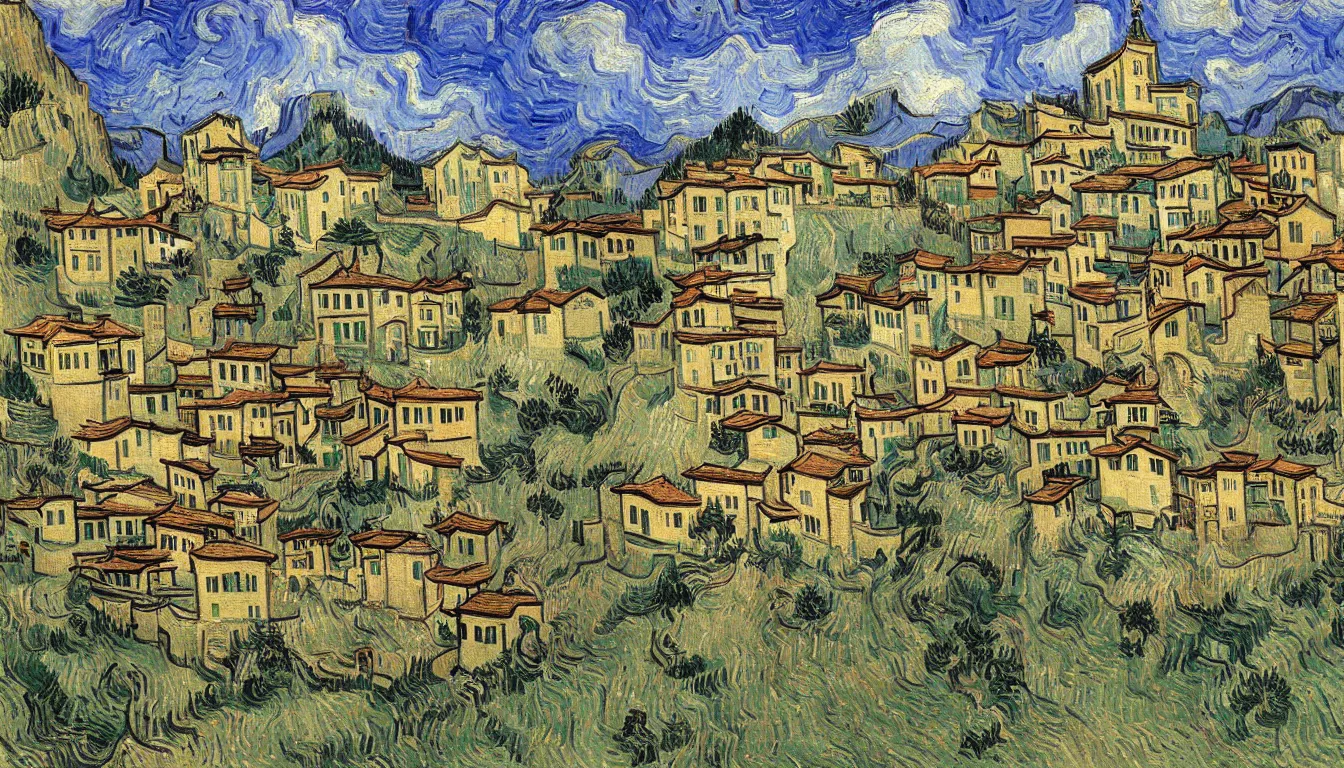 Prompt: an italian town in the dolomites mountains, by vincent van gogh