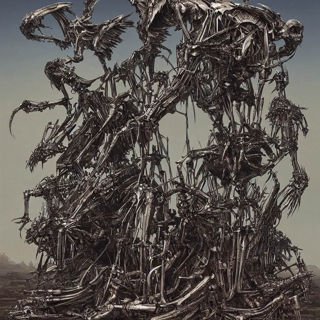 Prompt: metal album cover flaming chrome eagle skeleton wayne barlowe h. r. giger simon stalenhag