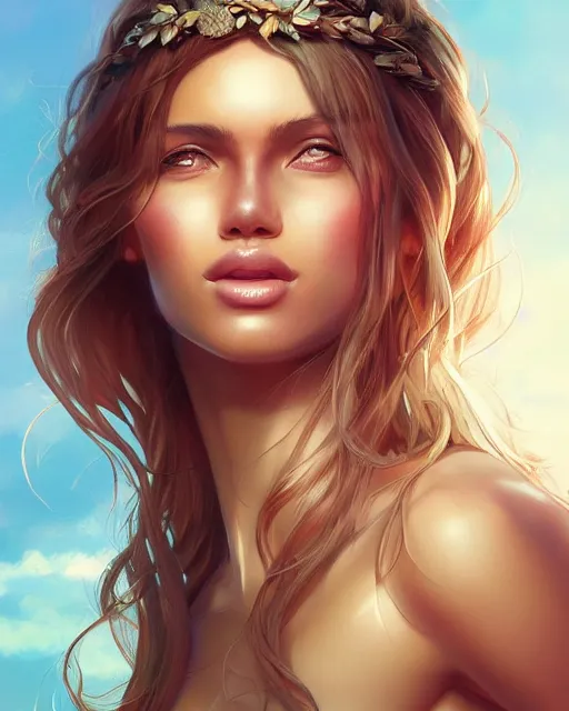 Image similar to summer vibes, beautiful sun tanned goddess portrait, flowy sunkissed hair, sun, summer, cinematic lighting, highly detailed, digital painting, trending on artstation, pixiv, concept art, sharp focus, illustration, art by ross tran and wlop