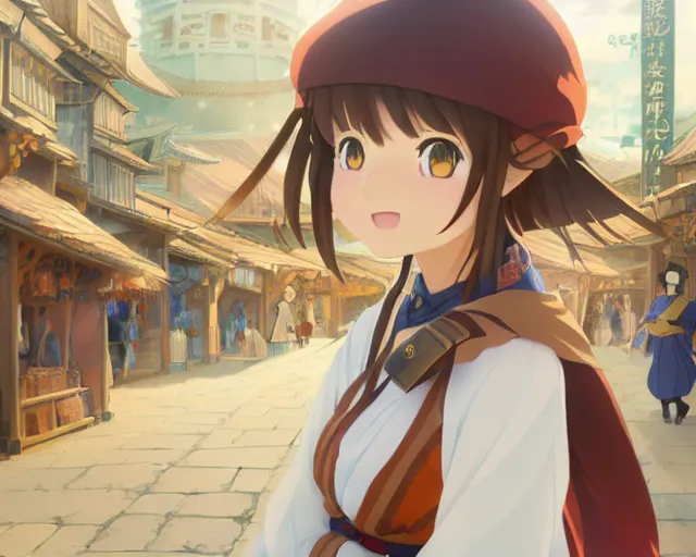 Image similar to anime visual, portrait of a young female adventurer in an open medieval market, cute face by yoh yoshinari, katsura masakazu, cinematic luts, cold studio lighting, dynamic pose, dynamic perspective, strong silhouette, anime cels, kyoto animation, cel shaded, crisp and sharp, rounded eyes, moody