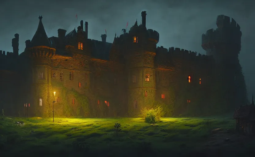 Prompt: an old english castle covered by plants with moody and cinematic lighting by greg ruthkowski and simon stalenhag jama jurabaev and illya repin, cinematic and atmospheric, concept art, artstation, trending on artstation
