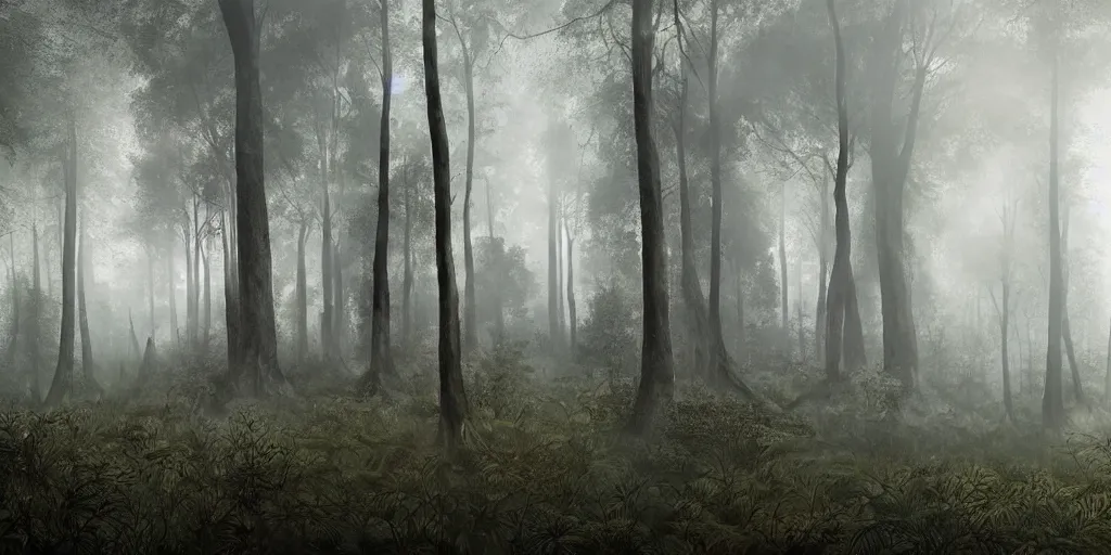 Image similar to highly detailed, intricate stunningly beautiful image of a forest , photorealistic, dusty and smokey, 8k, ethereal,matte painting, stunning atmosphere, morning,beautiful lit by Andrei Riabovitchev and Jacek Szynkarczuk and Zdzisław Beksiński