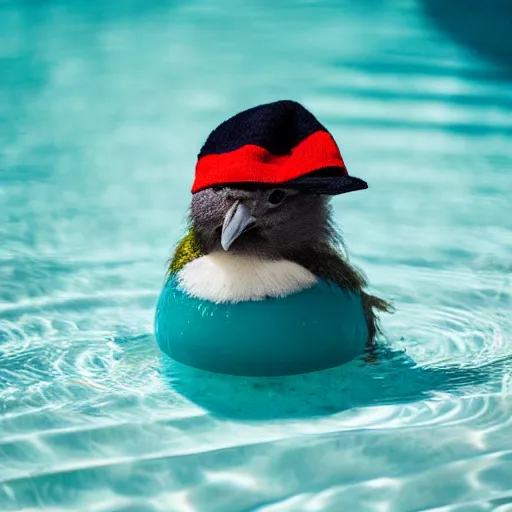 Prompt: a kiwi bird with a wooly hat sitting in a float in a pool, the bird is screaming, 35mm photograph
