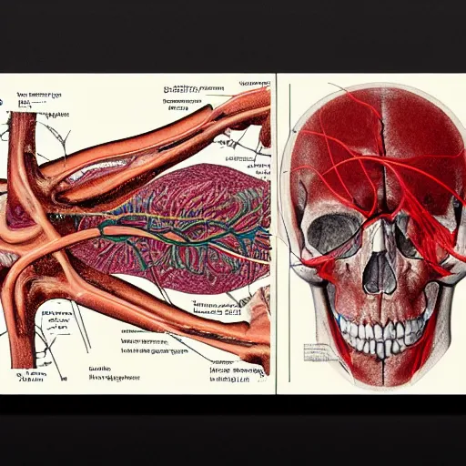 Image similar to a medical illustration of the human artery system, dissected human torso and skull, medical, simple but detailed, in style of da vinci, moebius and mucha