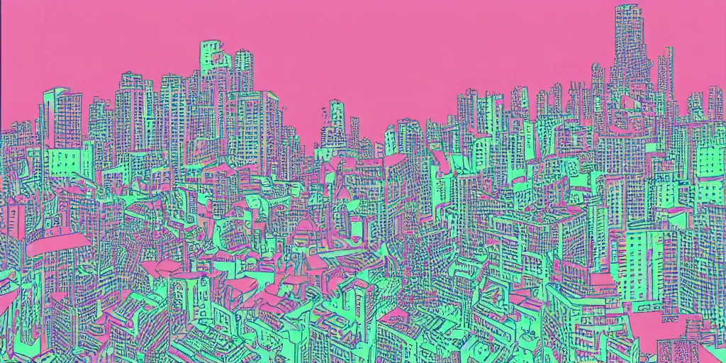 Prompt: risograph cityscapes in deep jungle vaporwave palette by miyazaki