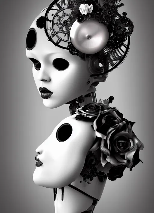 Image similar to black and white dreamy profile face portrait, one silver steampunk eye biomechanical beautiful angelic young female cyborg - robot - doll bust, body ribs meshes,, volumetric light, hibiscus flowers, rim light, big gothic fashion pearl embroidered collar, 1 9 3 0, 8 k