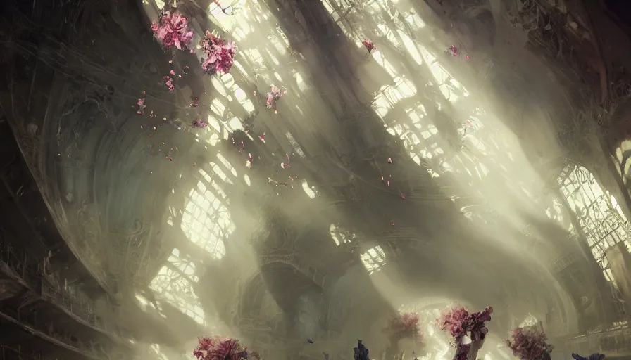 Prompt: victoria secret runway show, light, shadows, reflections, flowers, epic composition, intricate, elegant, volumetric lighting, digital painting, highly detailed, artstation, sharp focus, illustration, concept art, ruan jia, james jean, steve mccurry, raymond swanland, peter andrew jones, greg rutkowski, concept art, iconic