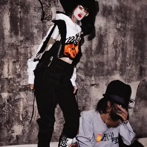 Prompt: outlive streetwear collection, fashion show, lookbook, in the style of grand chamaco and pedro conti and stanley kubrick, inspired by grimes, photorealistic, epic, super technical, cinematic still