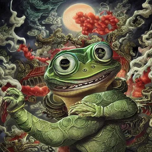 Prompt: a hyperdetailed design of pepe the frog, ferocious, chinese mythology, victo nga, fumo yoshitoshi, ren jing jeong, feifei ruan, peter mohrbacher,, biomehieronymus spang, arunanondchai, murals, veileducationary, esllection, digital art