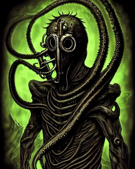 Image similar to Dark scary atomospheric detailed Outsider cyberpunk demon with scaly Tentacles from the Netherealm wearing a gas mask by HR Giger