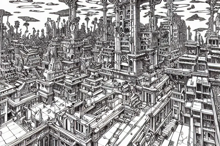 Image similar to late renaissance city on the coast, intricate linework, in the style of moebius, ayami kojima, 9 0's anime, retro fantasy