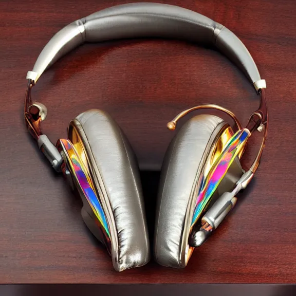 Image similar to masterpiece photo of beautiful crafted bismuth metal headphones, bismuth rainbow metal, bismuth cups, leather padding, displayed on mahogany desk, modernist headphones, bismuth headphones beautiful well designed, hyperrealistic, audiophile, intricate hyper detail, extreme high quality, photographic, meze audio, sennheiser, hifiman, artstation