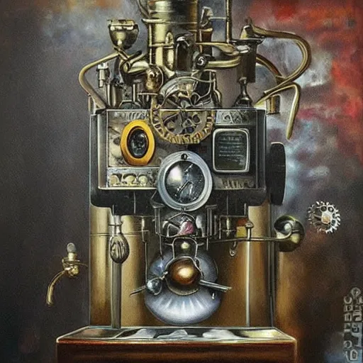 Prompt: Beautiful steampunk mechanical coffee machine, detailed oil painting