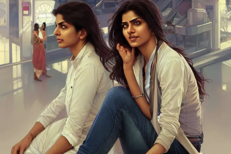 Image similar to Optimistic good looking pale young Indian doctors wearing jeans at the airport, portrait, elegant, intricate, digital painting, artstation, concept art, smooth, sharp focus, illustration, art by artgerm and greg rutkowski and alphonse mucha