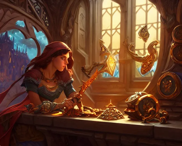 Image similar to shop window for magical weapons, close up shopkeeper, magic sword, deep focus, d & d, fantasy, intricate, elegant, highly detailed, digital painting, artstation, concept art, matte, sharp focus, illustration, hearthstone, art by artgerm and greg rutkowski and alphonse mucha