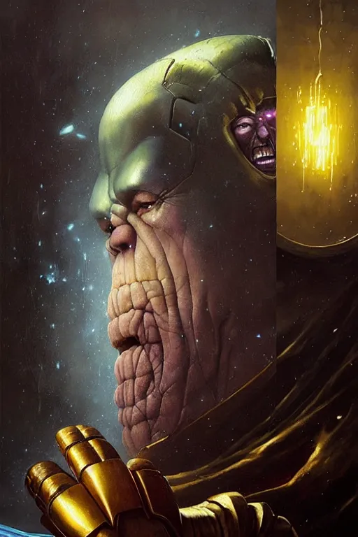 Image similar to hieronymus bosch, greg rutkowski, anna podedworna, painting of thanos eating the infinity gauntlet