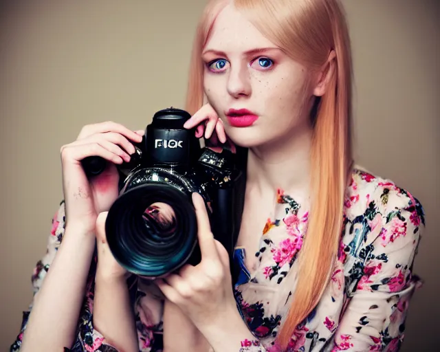 Image similar to pale young woman with bright blonde hair, freckles, blue eyes and a wide face, flowery dress, she is holding a professional dslr camera close to her face, dramatic lighting, bright flare, surreal art by anna nikonova