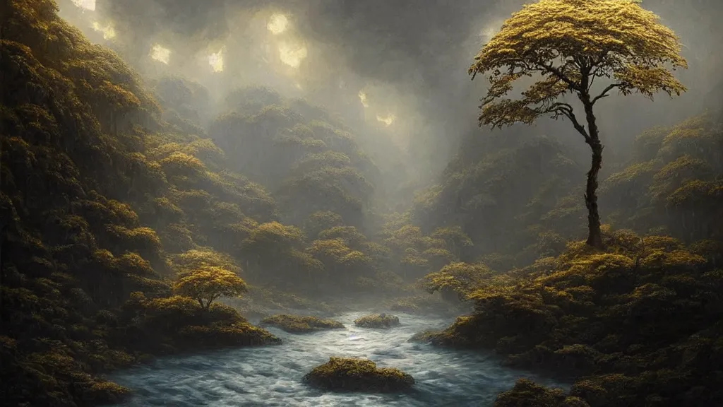 Prompt: A beautiful, highly detailed, very realistic oil painting of a single cloud tree with lots of cloud shaped leaves, next to a small river made of pure gold in the middle of a huge, very dark cave, with lots of dark grey rocks, oil painting by Greg Rutkowski.