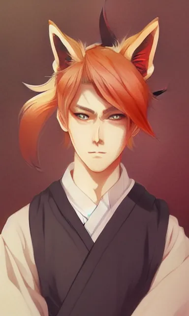 Prompt: A realistic anime portrait of a handsome young man with fox ears wearing a kimono, digital painting, by WLOP and Rossdraws, digtial painting, trending on ArtStation, deviantart