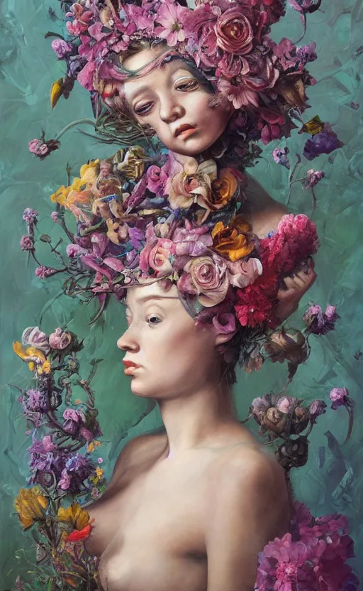 Prompt: a painting of a young woman with flowers on her head, a surrealist painting by Marco Mazzoni and Dorothea Tanning cgsociety, neo-figurative, detailed painting, rococo, oil on canvas, seapunk, made of flowers, lovecraftian