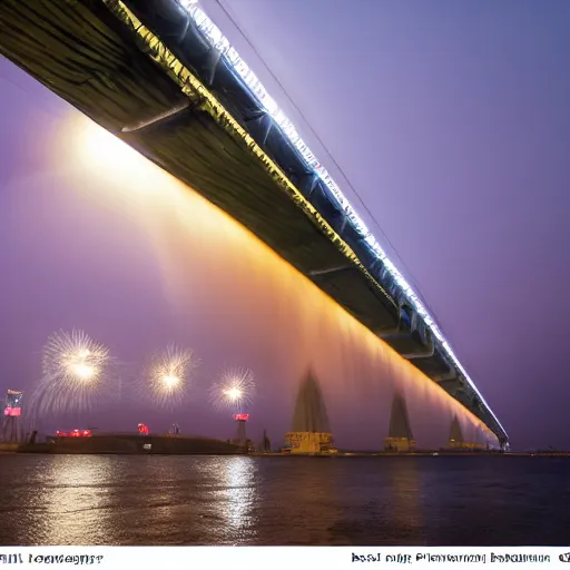 Prompt: Crimean bridge explosions, dslr, photojournalism, award winning photo, shot on Leica, copyright by New York Times, volumetric lighting