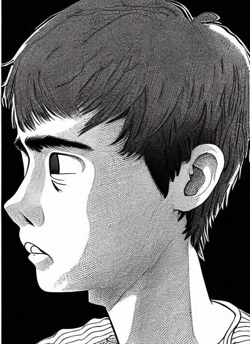 Image similar to portrait of teenage archie andrews, freckles, curly bangs, intricate, highly detailed, illustration, art by junji ito, junji ito