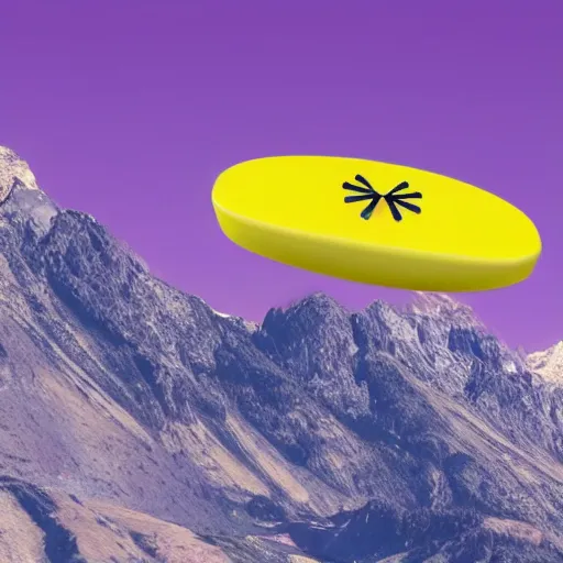 Image similar to a yellow spaceship shaped like an infinity symbol flying over a pink mountain range