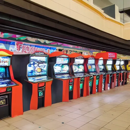 Image similar to an empty food court at a mall with a single arcade machine on the wall, vhs footage
