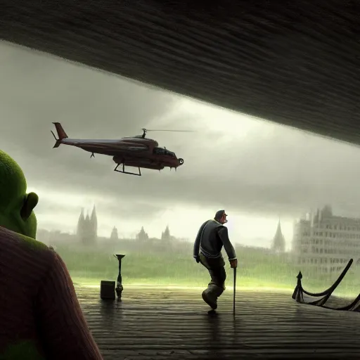 Image similar to steven armstrong vs shrek on helipad during storm, hyperrealism, no blur, 4 k resolution, ultra detailed, style of dragan bibin, denis villeneuve, tyler edlin, greg rutkowski