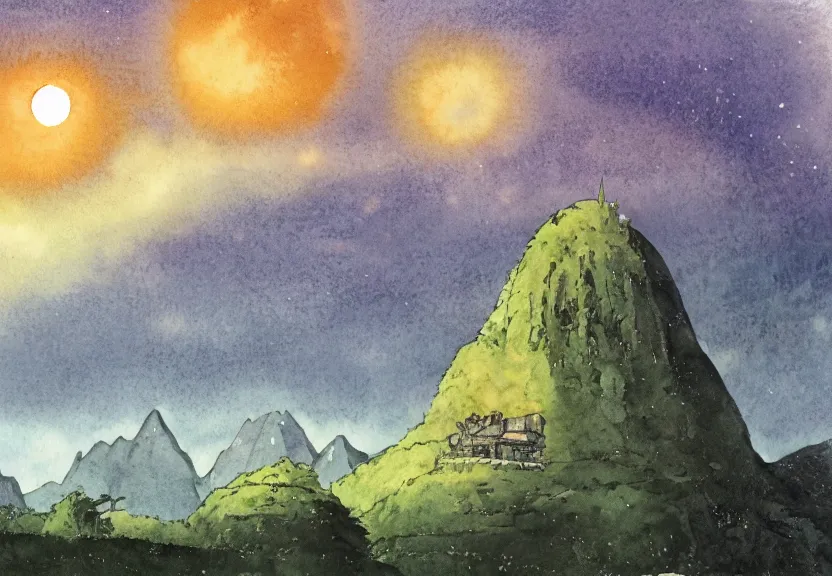 Prompt: a cell - shaded watercolor concept art from a studio ghibli film showing one giant grey ufo. in the background is machu pichu on a misty and starry night. by studio ghibli. very dull muted colors