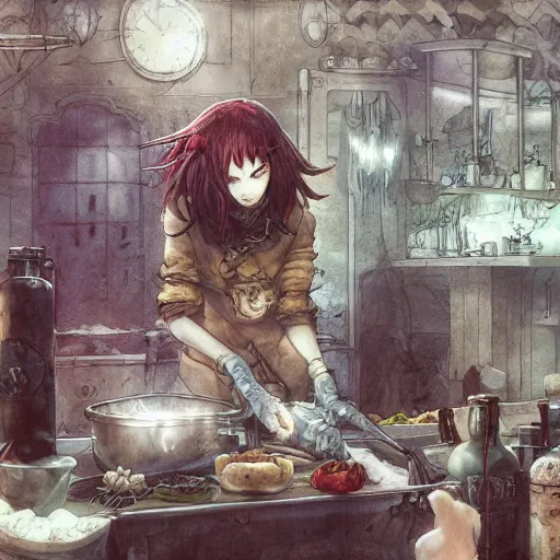 Image similar to goth woman making dinner, color page, tankoban, 4 k, tone mapping, akihiko yoshida, james jean andrei riabovitchev marc simonetti, yoshitaka amano, long hair, curly, h. hydrochaeri