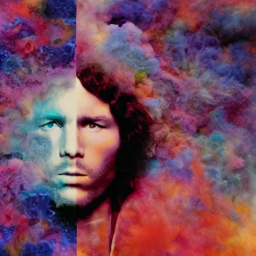 Image similar to colour masterpiece surreal closeup portrait photography jim morrison by miho hirano and annie leibovitz and michael cheval, psychedelic smoke background, 8 k