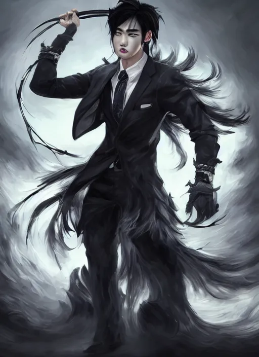 Image similar to a highly detailed illustration of attractive korean man with black hair wearing shirt and tie with giant black mist claws, wielding giat black mist claws pose, tired expression, black mist background, intricate, elegant, highly detailed, centered, digital painting, artstation, concept art, smooth, sharp focus, league of legends concept art, wlop.