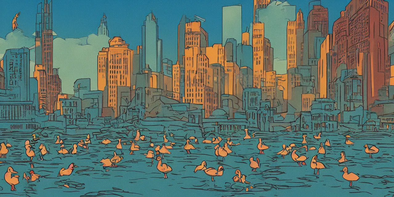 Image similar to comic book style, art deco era, landscape, city, park, ducks